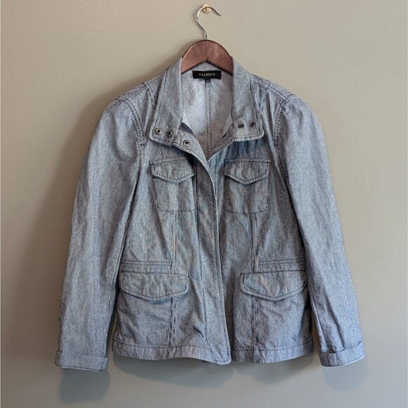 Talbots Size 4 Jean Denim Jacket Blue White Zip Up Womens Small Pinstripe LS - Picture 1 of 6